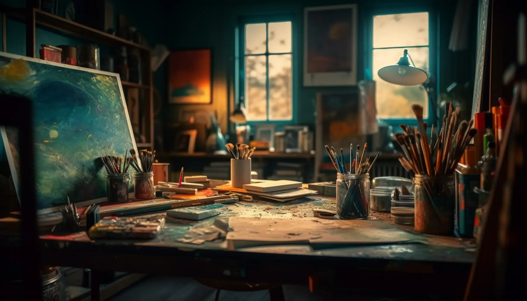 Moody artist's studio desk with paint brushes, jars and a canvas by a window at dusk
